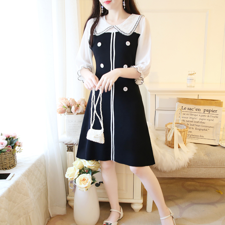 VK旗艦店 韓系娃娃領針織百搭拼接顯瘦排釦長袖洋裝