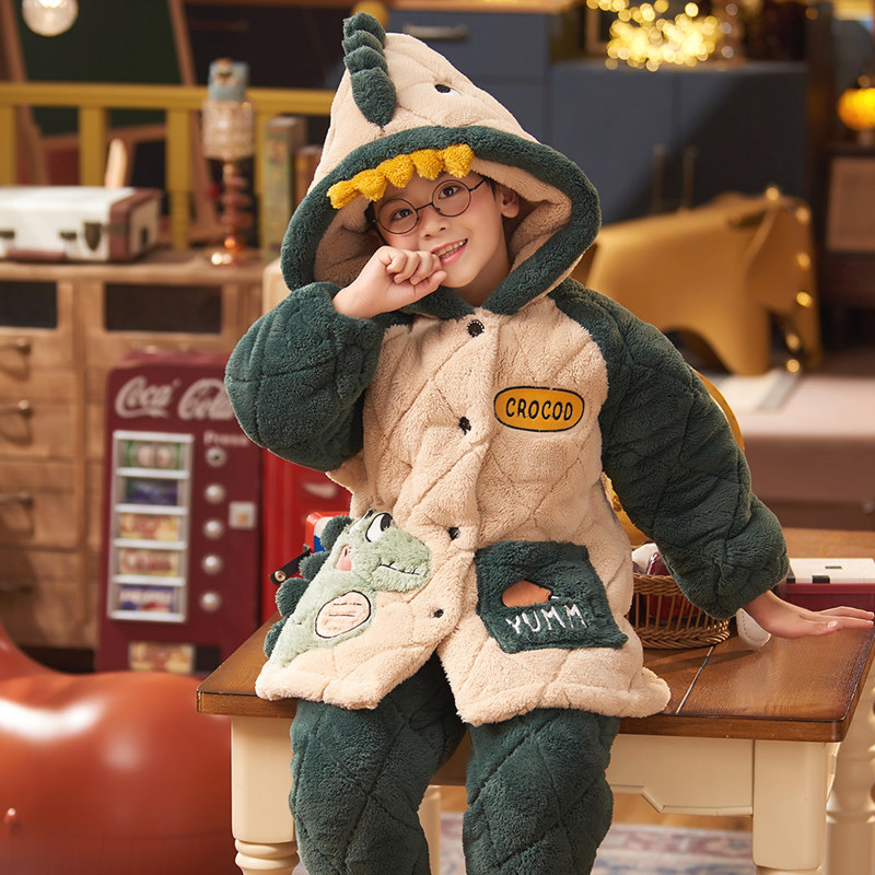 Boys pajamas winter thick three-layer quilted cartoon dinosaur coral fleece baby children warm home wear suit