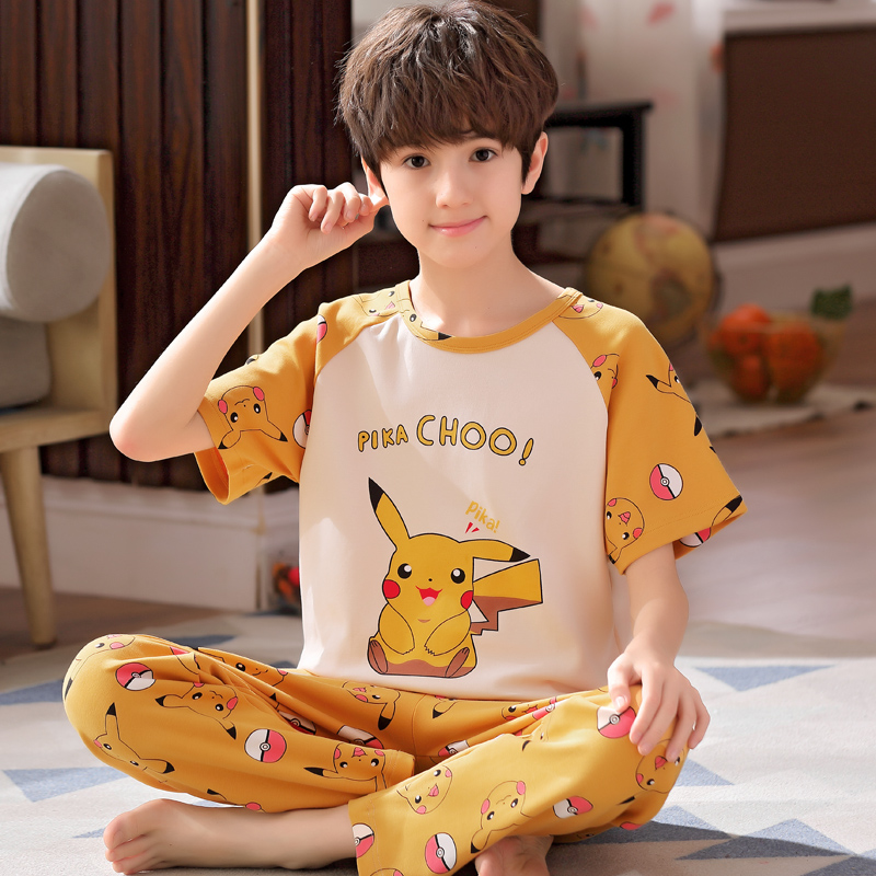 Trẻ em bông nhà quần áo mỏng đồ ngủ boy set boy lạnh bé mùa hè tay áo ngắn 12-15.