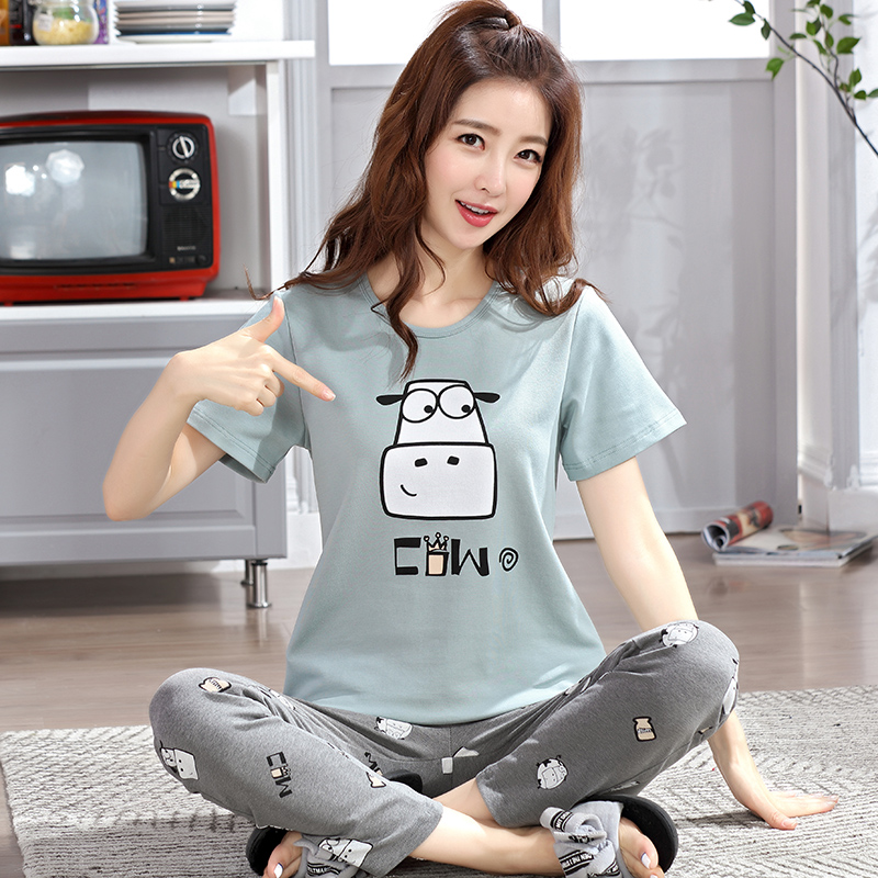 Sleepwear women Summer pure cotton short sleeves Gats up overweight 200 catty MM Home Clothing Loose Long Pants Suit Thin