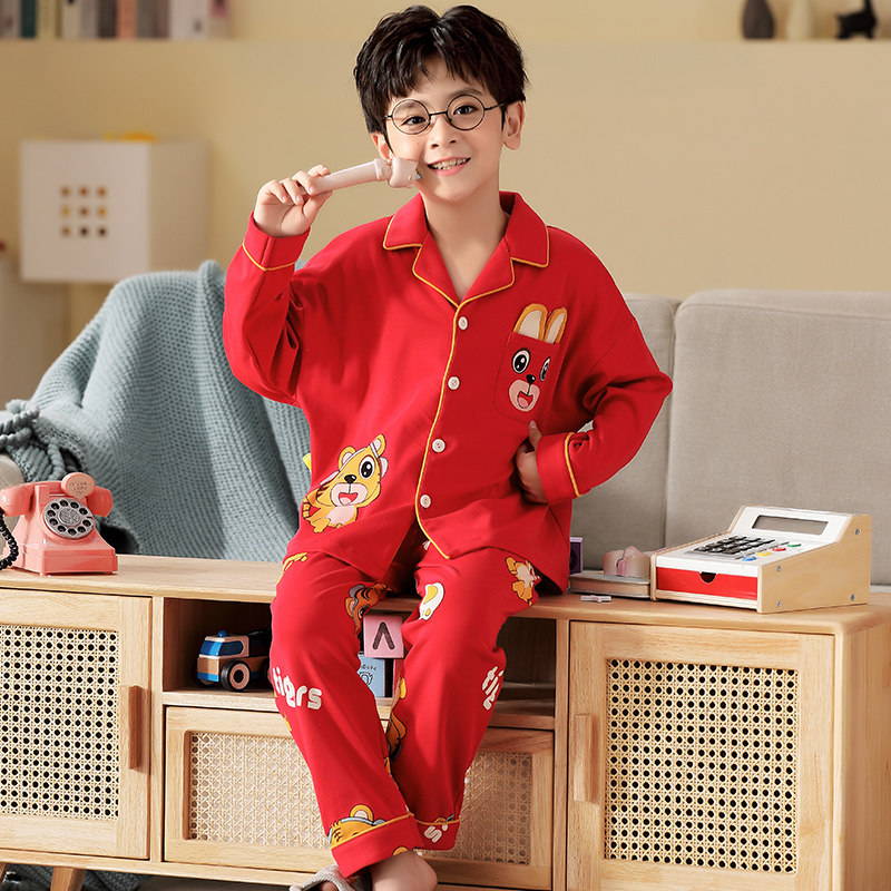 New year 2022 pajamas boy boy cardio-hoodie red festive spring autumn season pure cotton children's life tiger years suit