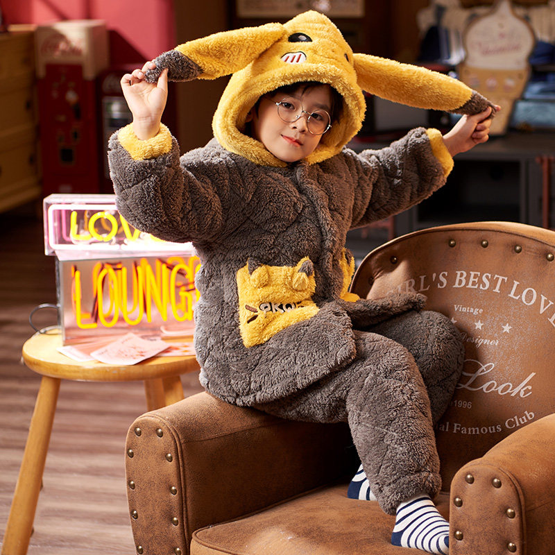 Child Pyjamas Boy Winter Leather Kachu Flannel Velvet Fever Suit Pants Triple Clip Cotton CUHK Fairyhome Wear Thickened