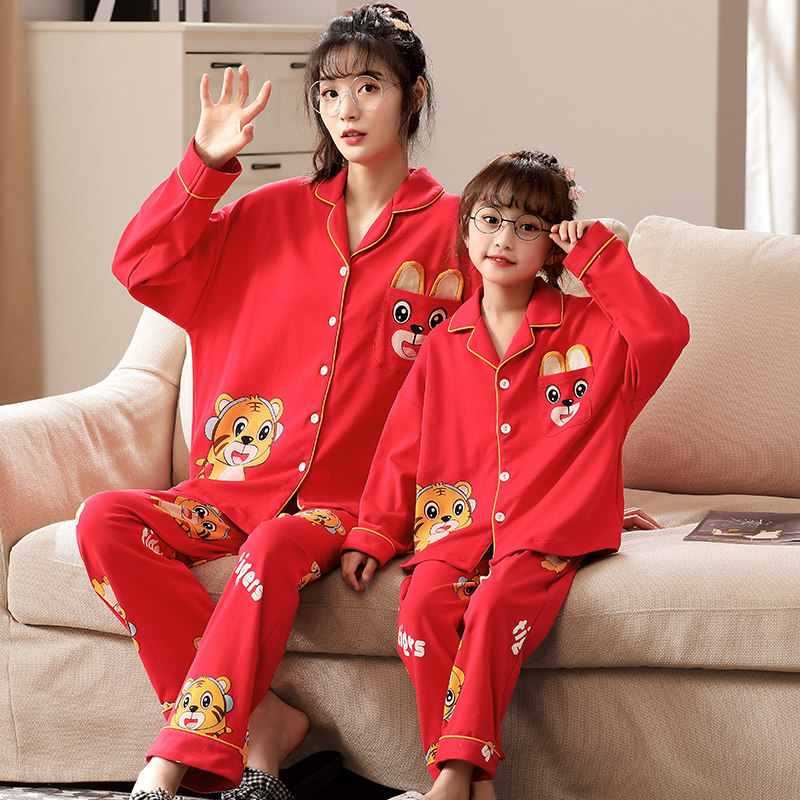 Red New Year's pro-child dress Long sleeve pyjamas A family of three pure cotton female children have stepped up the code home for the year