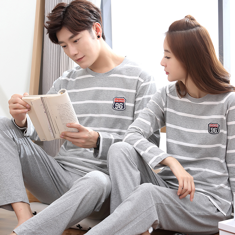 Spring and autumn lovers sleepwear woman long sleeve pure cotton Korean version pyjamas striped male full cotton Home Clothing Suit Autumn winter extras