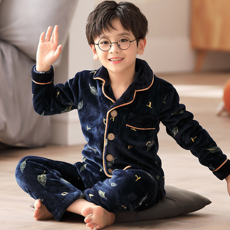 Large Boy Coral Suede Sleeping Clothing Autumn Winter Boy CUHK Boy 5-7-9-11-13-15 Year Old Home Suit Suit