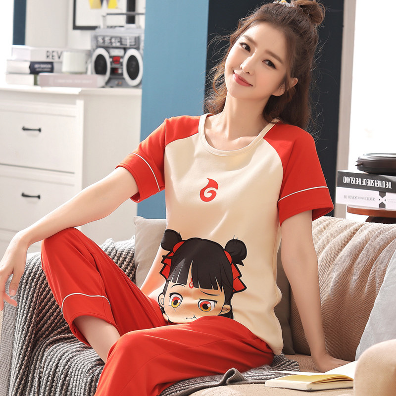 Large size pyjamas women Summer pure cotton short sleeves Long pants cute pyjamas woman big size 200 catty MM loose house clothes