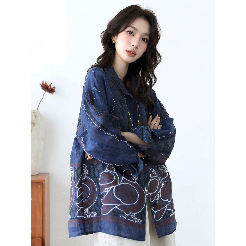 8.9/2026 Early Autumn New Vintage Parrot Pattern Blue-Dyed Printed Shirt for Women, Summer Loose Slimming Ramie Top