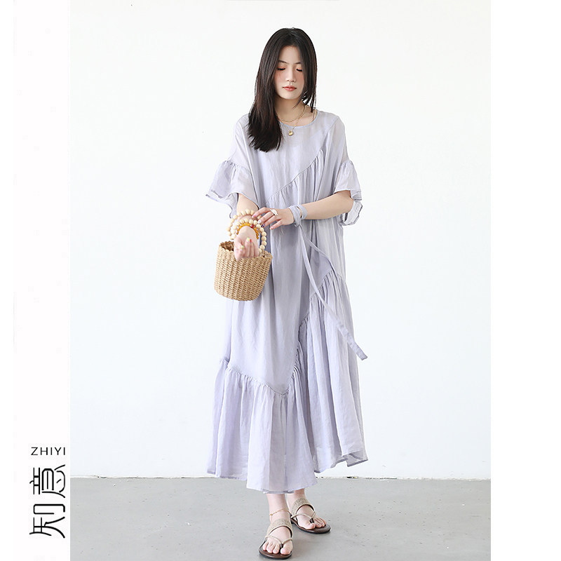 4.17/Summer Cool and Breathable Full Ramie Dress with Irregular Fairy-Like Purple Loose Fit and Slimming Long Skirt 4.17/Summer Cool and Breathable Full Ramie Dress with Irregular Fairy-Like Purple Loose Fit and Slimming Long Skirt