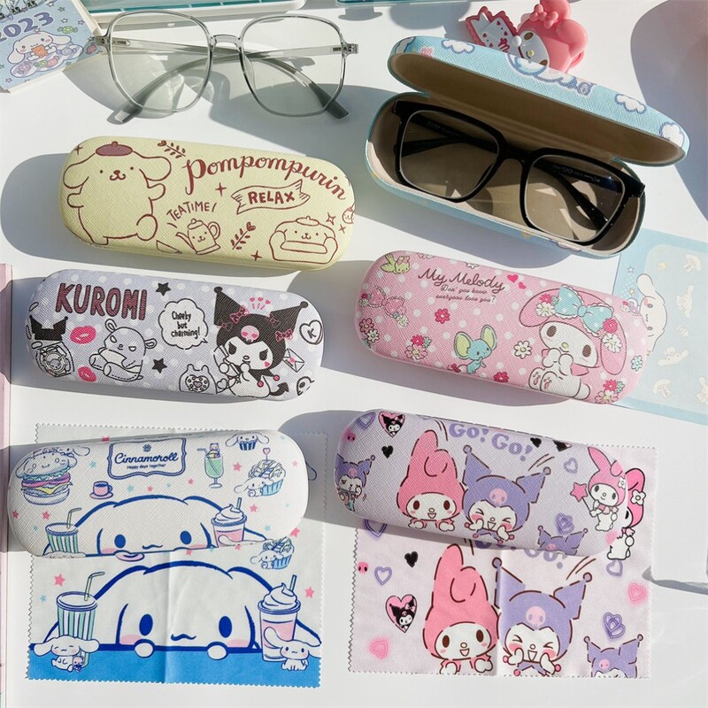 Japanese-Style Glasses Case Cute Cinnamoroll Leather Myopia Glasses Student Cleaning Cloth Girly Kuromi Storage Box