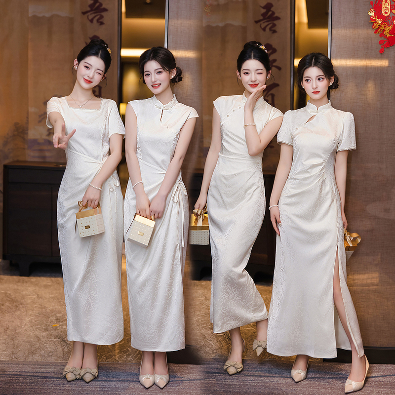 New Chinese-Style Sister Dresses with Stand Collar and Short Sleeves, Summer Slim-Fit Bridesmaid Dresses, Champagne-Colored Long Dresses, Retro-Style Formal Dresses for Women