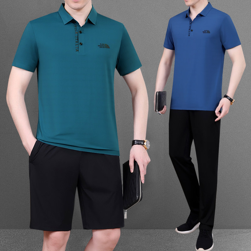 Middle-aged and elderly quick-drying short-sleeved trousers casual sports suit men's summer middle-aged thin loose running fitness suit