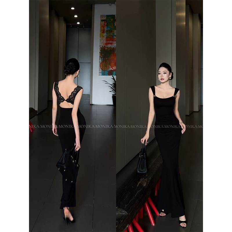 【Gul Die】Lace Backless Black Bodycon Fishtail Dress, Sexy and Slim-Fitting, Elegant Long Dress 26072