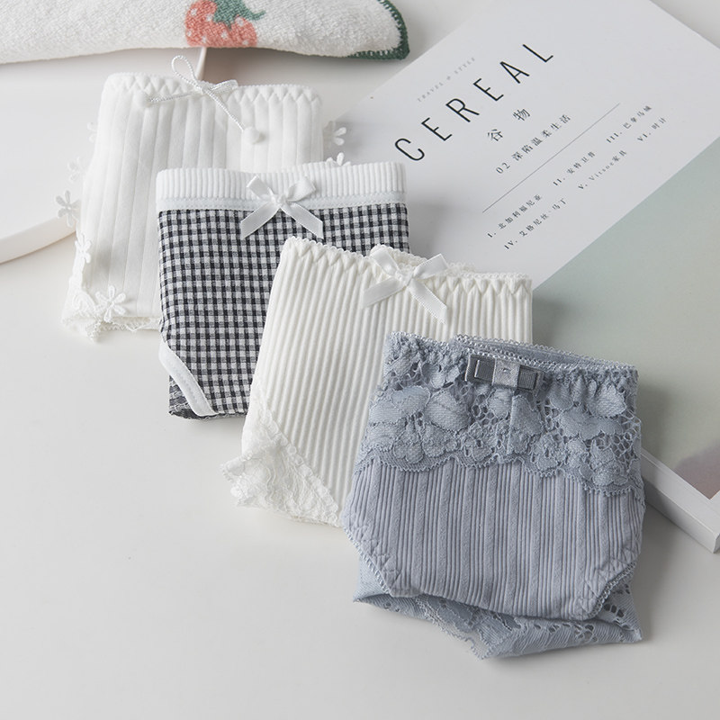 4 cotton underwear women's plaid gray blue Japanese girl cotton low waist sexy solid color cute black briefs