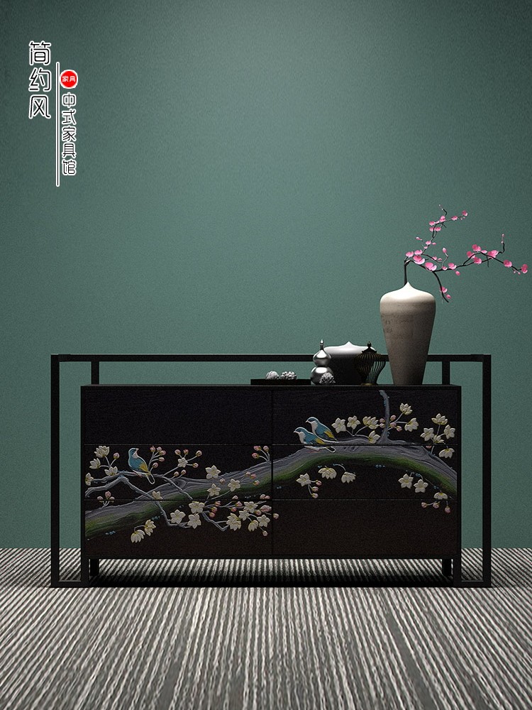 New Chinese style entrance cabinet Shoe cabinet Simple modern dining cabinet Foyer cabinet Partition Solid wood flower and bird painted decorative side cabinet