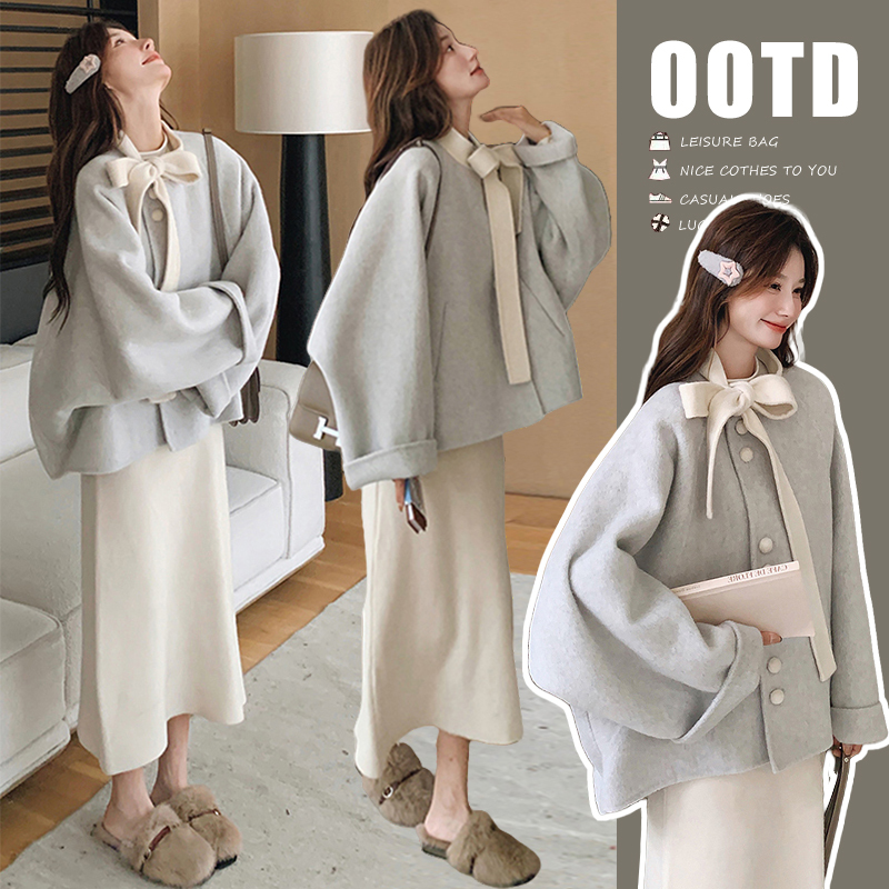Maternity Wear 2026 Autumn and Winter New Style Petite Short Bow Woolen Top and Skirt Age-Reducing Two-Piece Set