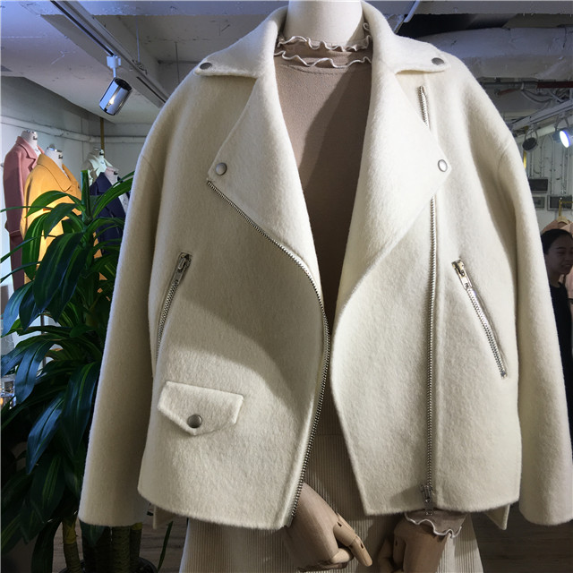Hàn Quốc ulzzang2018 mùa thu mới tự trồng vạt áo hoang dã dây kéo chia ngắn áo khoác cashmere nữ ngắn đoạn áo gió nữ đẹp