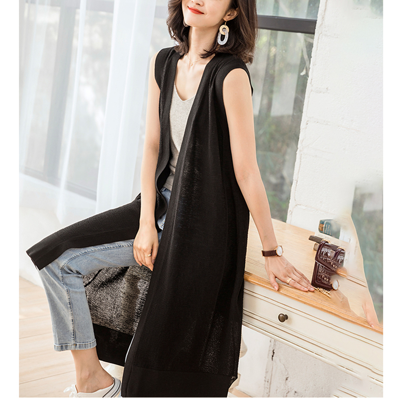 Spring and Autumn Thin Ice Silk Vest Cardigan Linen Outerwear Sleeveless Long Vest Women's Summer Shawl Cape
