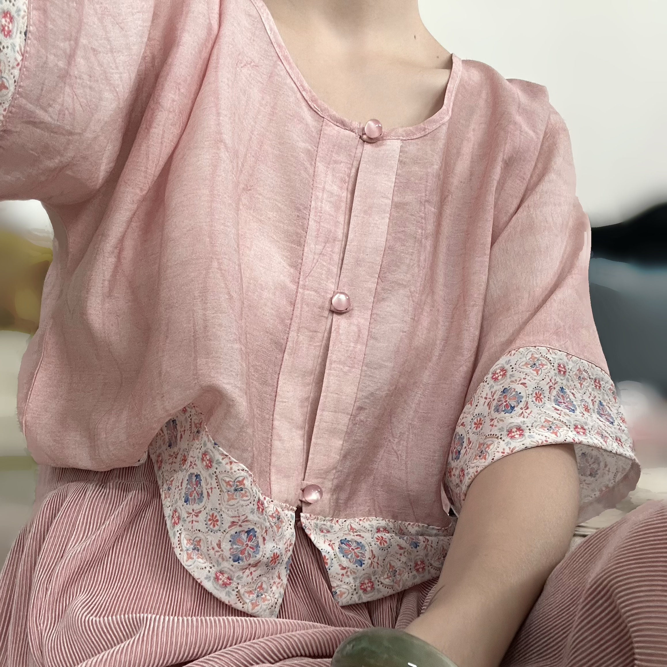 都豊源オリジナル【ピンクダイアリー】唐風半袖ピンクシリーズフロントオープンカラージャケット