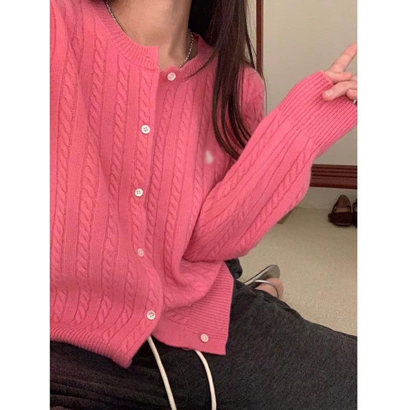 Raspberry Pink Sweater Coat for Women, Spring and Autumn Barbie Pink Cable Knit Top, Lazy Style Soft Wool Knit Cardigan