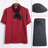 Бордовая футболка, шейный платок, фартук, берет, короткий рукав