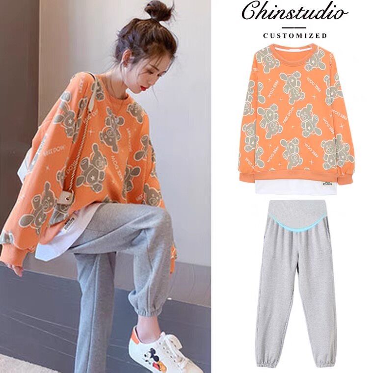 Pregnancy Woman Dress Autumn Clothing Autumn Clothing Suit Fashion outgoing net red blouses Damp Clothing Foreign Dress Slim Fit two sets