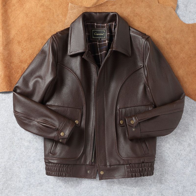 New Batik Vintage Brown First-Layer Cowhide Flight Suit Men's Short Lapel Genuine Leather Jacket Large Size Trendy Coat