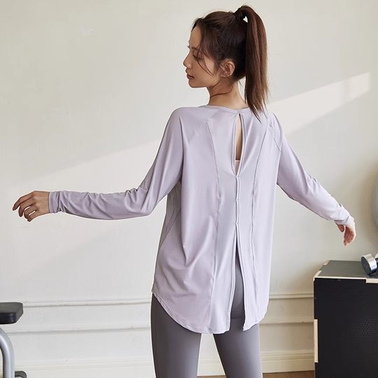 瑜伽服女宽松罩衫运动上衣后背开叉长袖透气速干跑步训练健身服