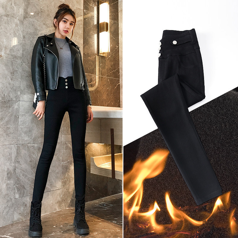 Hong Kong autumn and winter high waist black high with large long legs tight and thin smoke pipe pants outside wearing gush lengthened inner lap pants woman