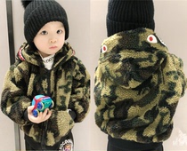 Tide brand BAPE childrens clothing shark camouflage 2021 Winter new men and women children plush cotton cotton warm coat