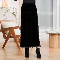 Chinese classic gold silk suede qipao half body dress with long style of autumn and winter new Chinese black 100 hitch a thin step skirt