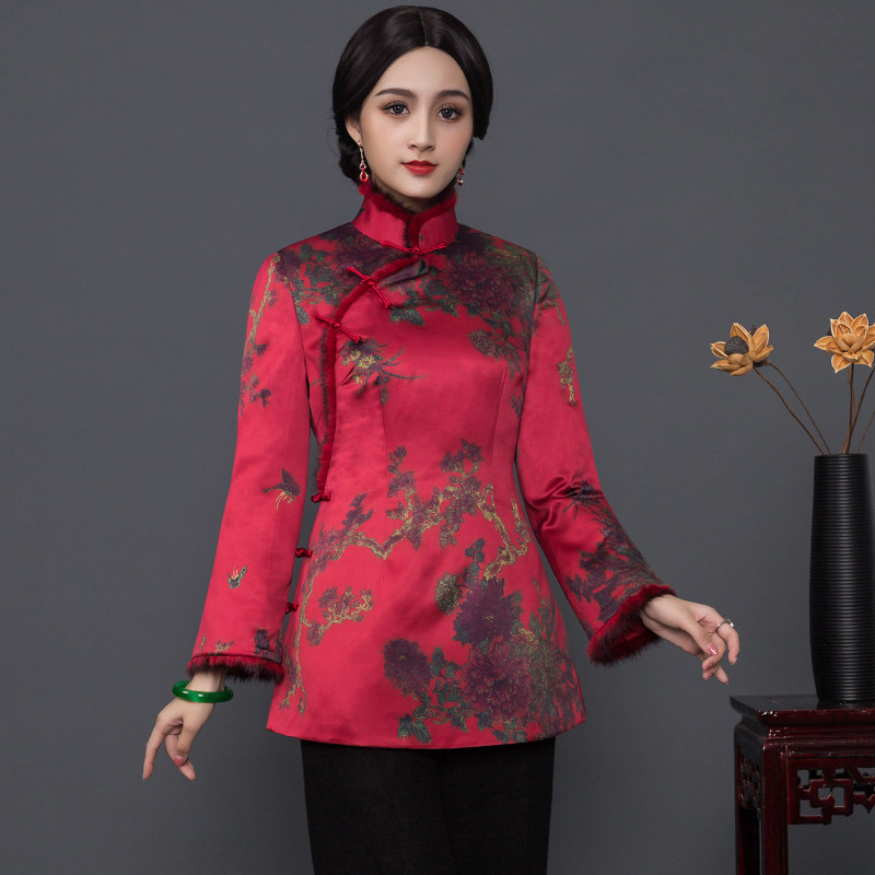 Lady Tang Costume 2021 New Improved Fashion Chinese Red New Year Festive and Tang Dress Qipao Jacket Cotton Padded Jacket long sleeves