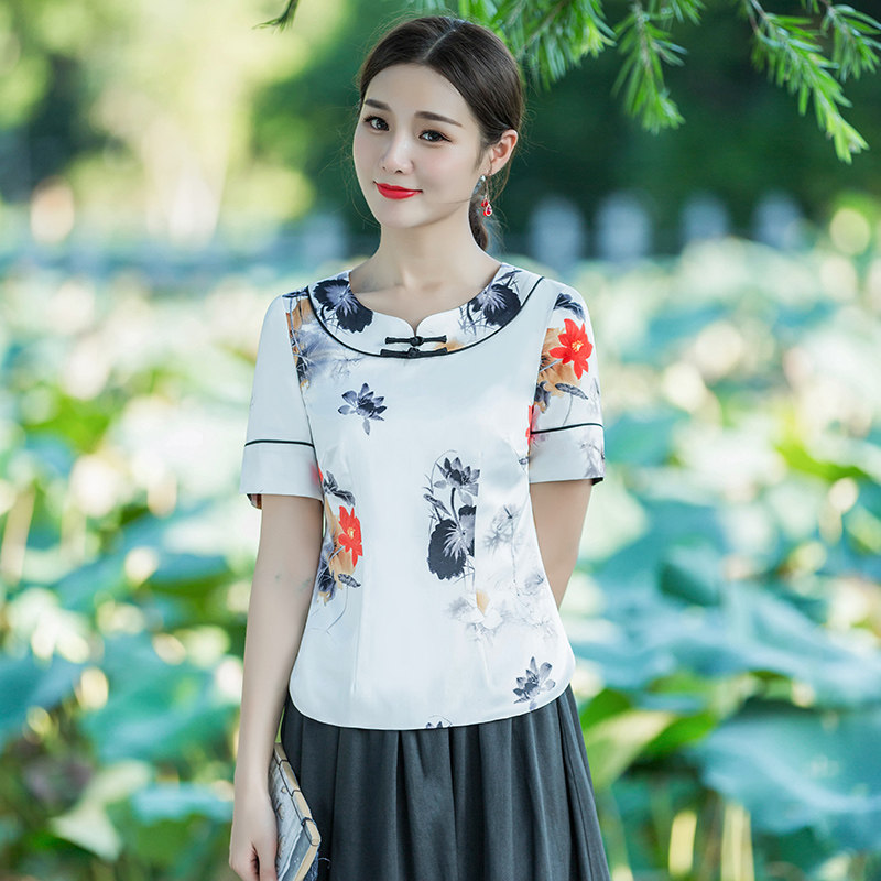 Chinese Classic 2021 Summer New Improved Round Neck Tang Suit Top Everyday Slim and Elegant White Ladies Chinese Style