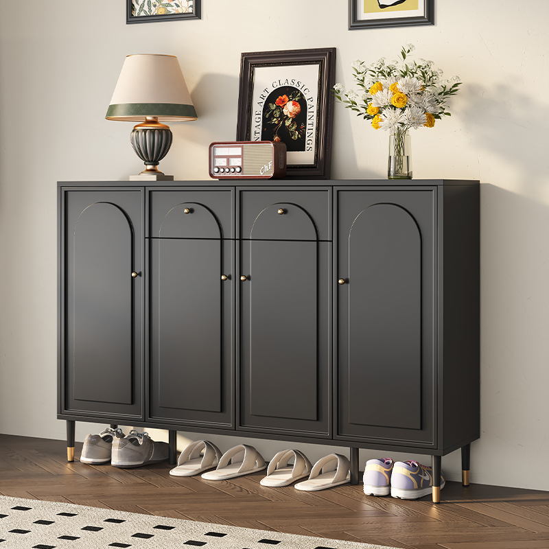 玄関シューズキャビネット ホームドア ブラック ポーチキャビネット 一体型壁収納キャビネット フレンチライト 高級 大容量収納キャビネット