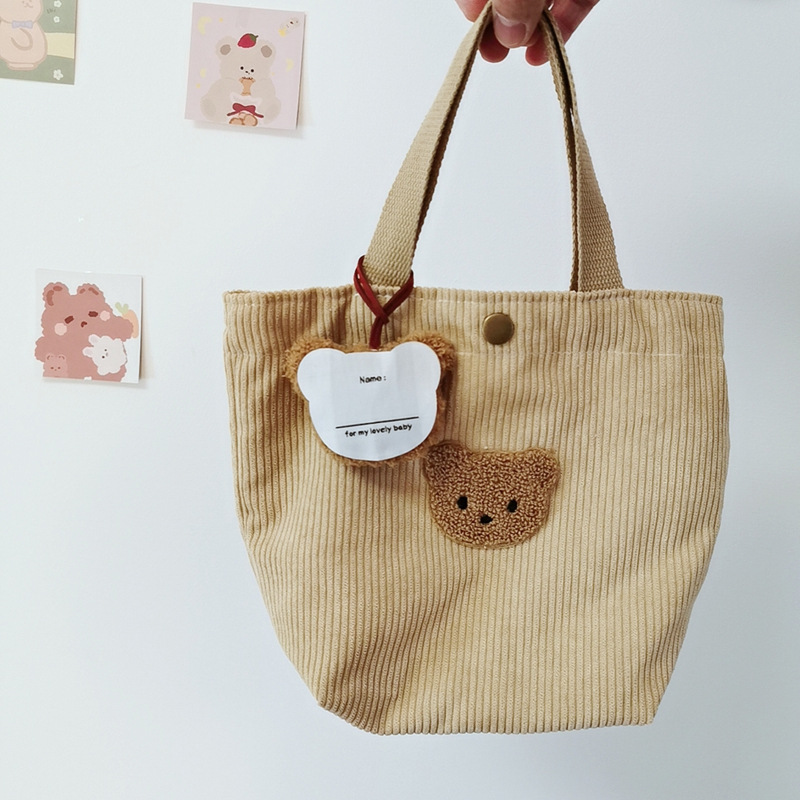 日系萌趣小熊灯芯绒手提袋：收纳之美