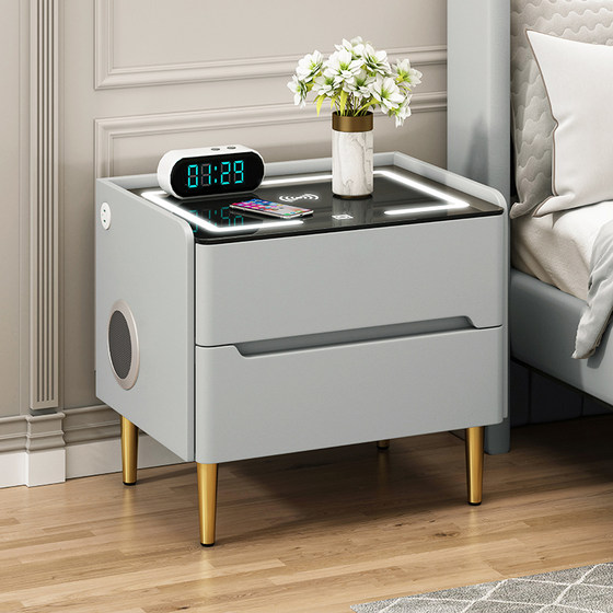 智能床头柜实木轻奢现代简约多功能蓝牙音箱无线充卧室家用床边柜