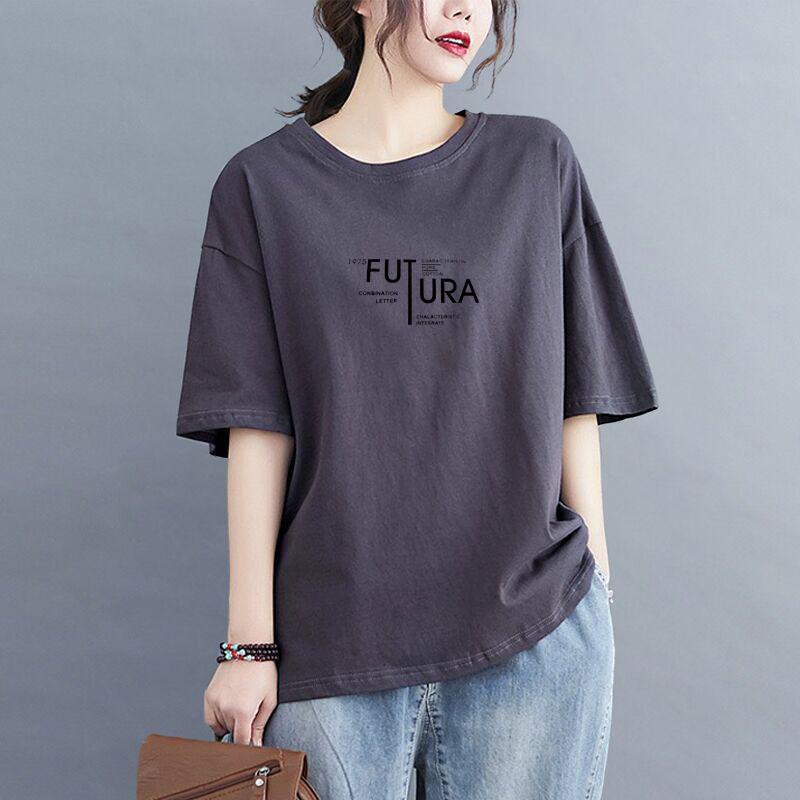 Gray Pure Cotton Short-Sleeved T-Shirt for Women, Summer, Plus Size, Loose, Lazy Style, Design Sense, Slightly Chubby, Slimming, All-Cotton Top