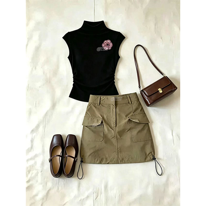 French-Style Elegant and Mature Half-High Collar Sleeveless Top Set for Women, Summer Design with Multiple Pockets, Two-Piece Workwear Skirt Set