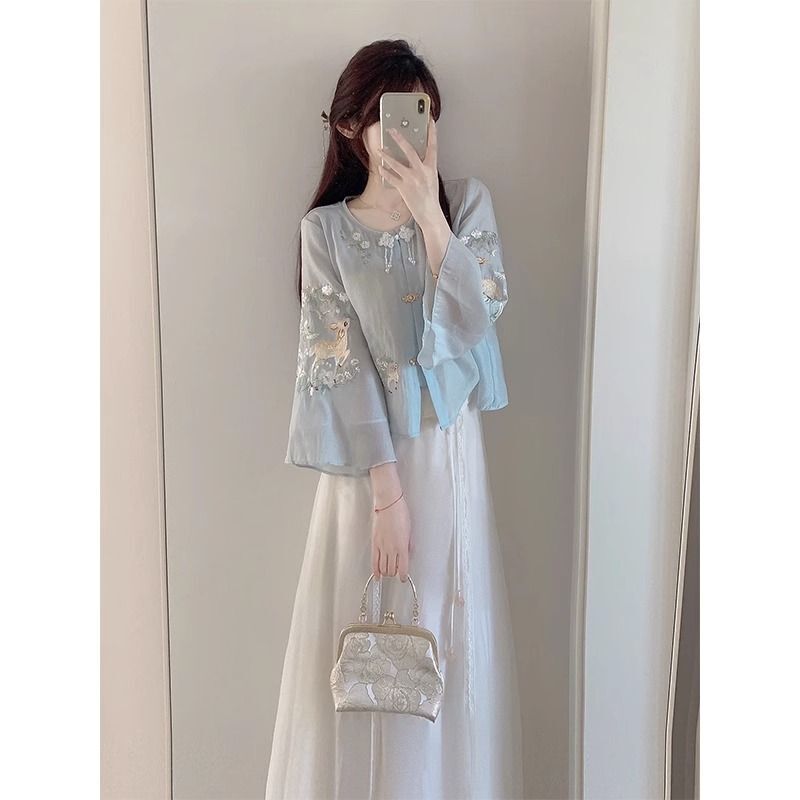 New Chinese-Style Improved Hanfu Shirt for Women, Spring 2026 New Fashion, Sweet Design, High-Waisted Skirt