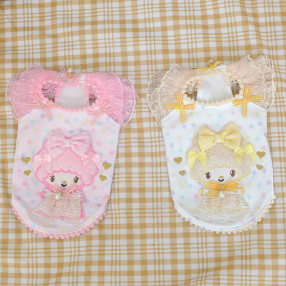 Pet cat and dog Teddy clothes spring and summer pure cotton thin lace flying sleeves three-dimensional doll head embroidery polka dot home clothes