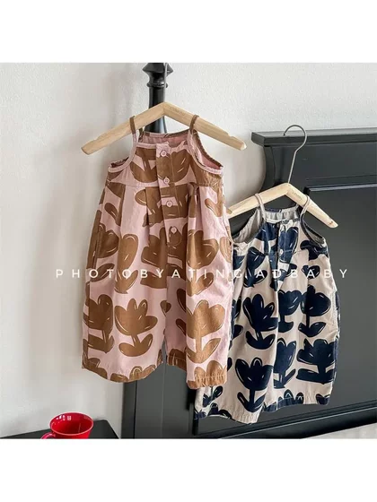 女童夏季背带裤宝宝吊带新款洋气连体连身韩版衣阔儿童七分裤超萌