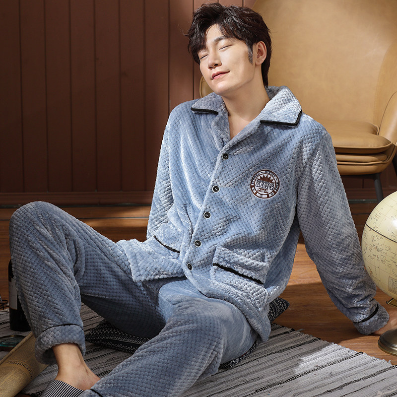 Pajamas men's winter coral fleece thickened autumn and winter men's flannel winter models plus velvet warm large size home clothes