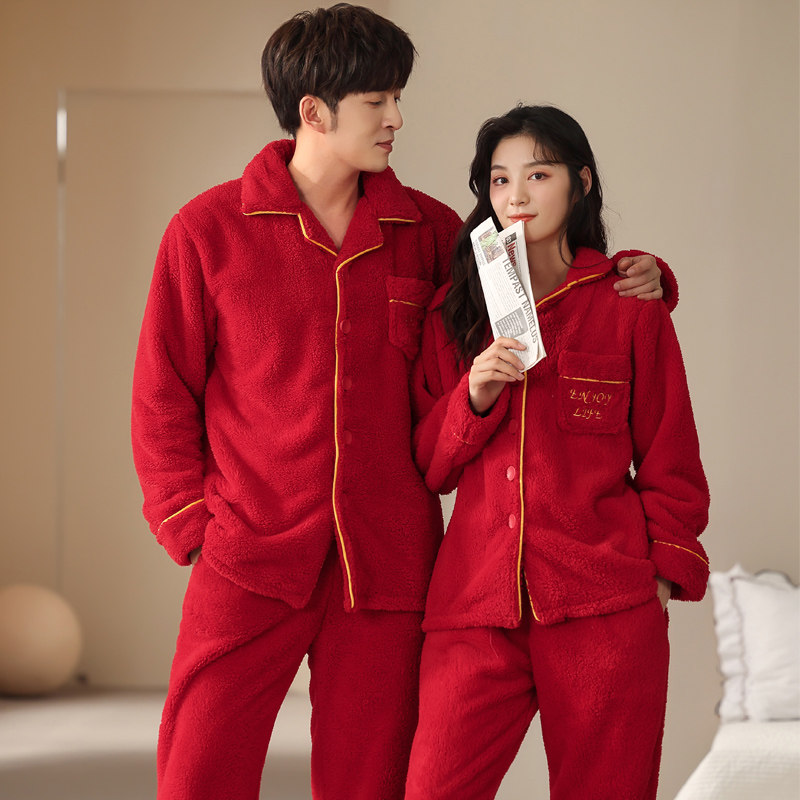 Couples coral fleece pajamas women's cardigan winter thickening and fleece autumn and winter flannel homewear suit pajamas men