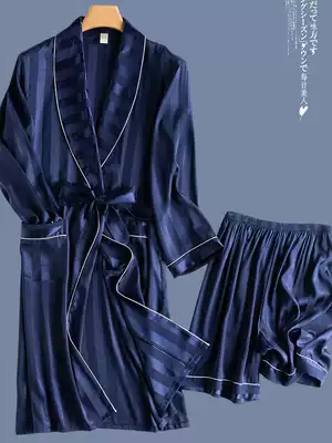 Summer men's robe Ice Silk thin simulation silk pajamas long sleeve set Spring and Autumn bathrobe bathrobe medium long version