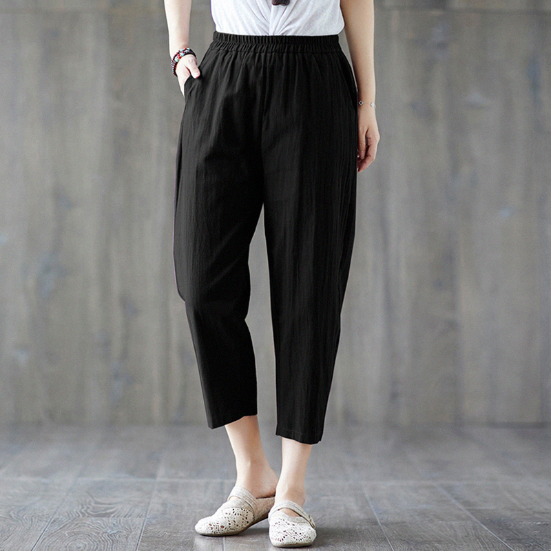 Small sub-high cotton linen 7-pants female summer Art and Art Lean Linen Kharen Pants Loose 100 Hitch Casual Robe Pants