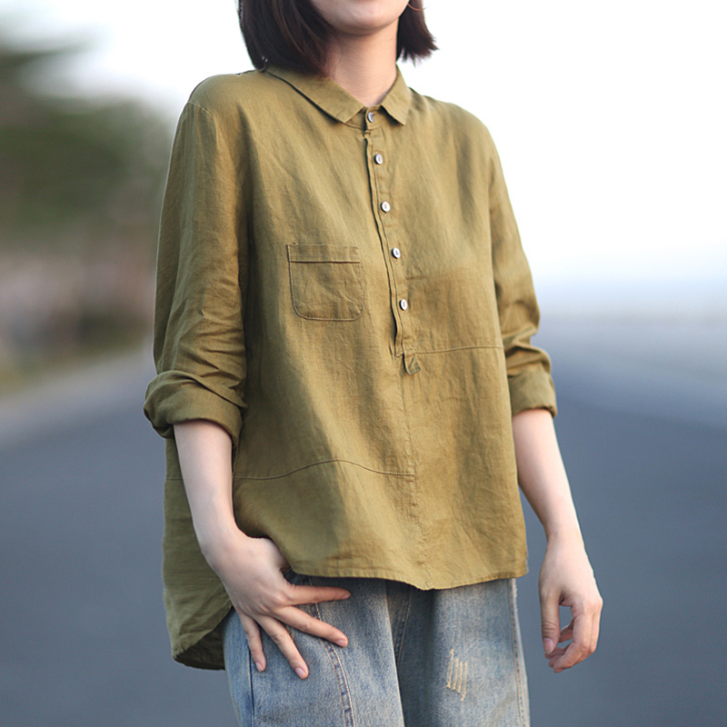 Art Pure Color Cotton Linen Long Sleeve Shirt Woman Autumn Clothing Casual Cover Head Shirt Retro Loose 100 Hitch Linen Cotton Blouse