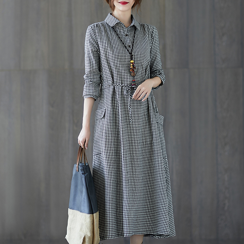 Plaid cotton and linen dress women's long-sleeved autumn literary linen waist slimming temperament large size mid-length bottoming skirt