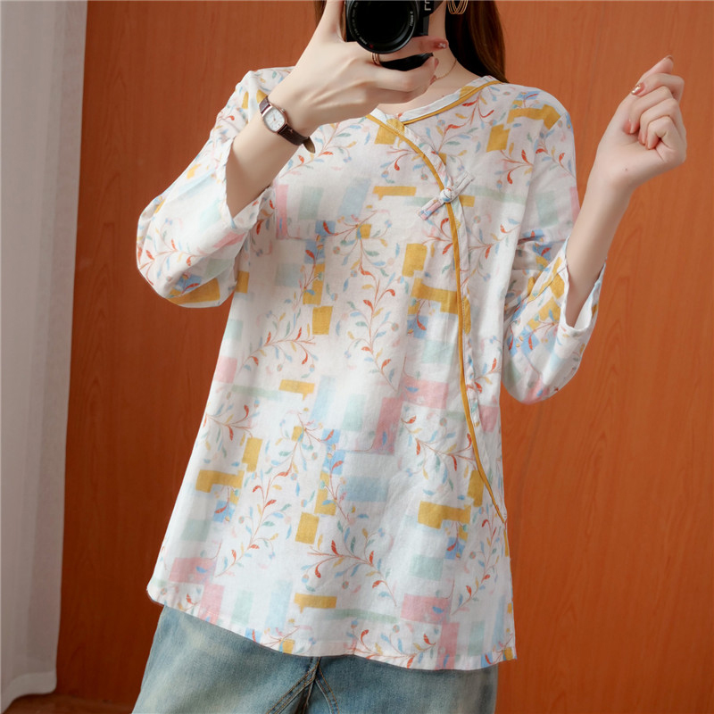 Retro plate button cotton and linen small floral top linen shirt loose hemp Chinese-style oblique lapel Zen tea suit women's autumn