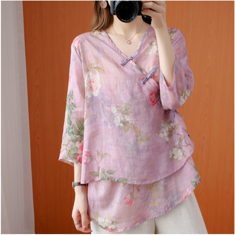 Retro Guofeng Hemp printed shirt women's V-neck sloping placket buckle literary linen loose cotton linen jacket summer thin