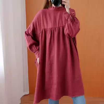 Autumn forest linen medium and long version of the shirt bottoming skirt back lace retro lace collar long-sleeved cotton and linen top female