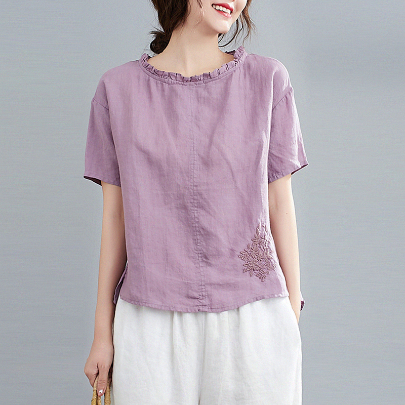 Original linen embroidery round neck short sleeve T-shirt Women's summer loose large size casual wild thin cotton and hemp top